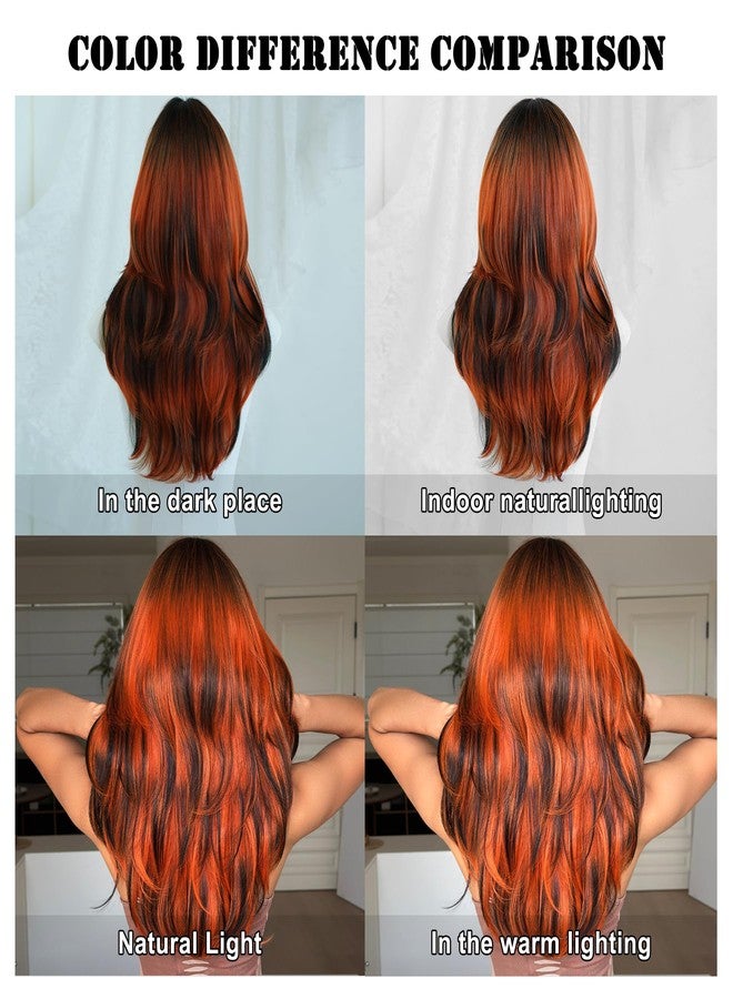 7JHH WIGS 24 Inch Ginger Orange Ombre Black Layered Tail Bangs Wig with Dark Roots Ginger Medium Length Wig Synthetic Heat Resistant Fiber Wig for Women Fashion Edgy Daily Party Cosplay - Image 5